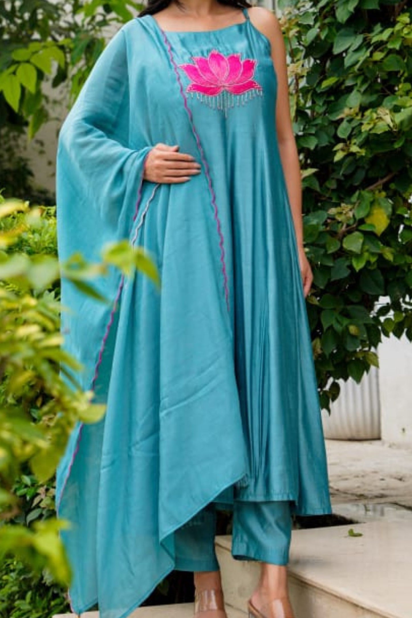 🌸 Teal Blue Lotus Embroidered Anarkali Set