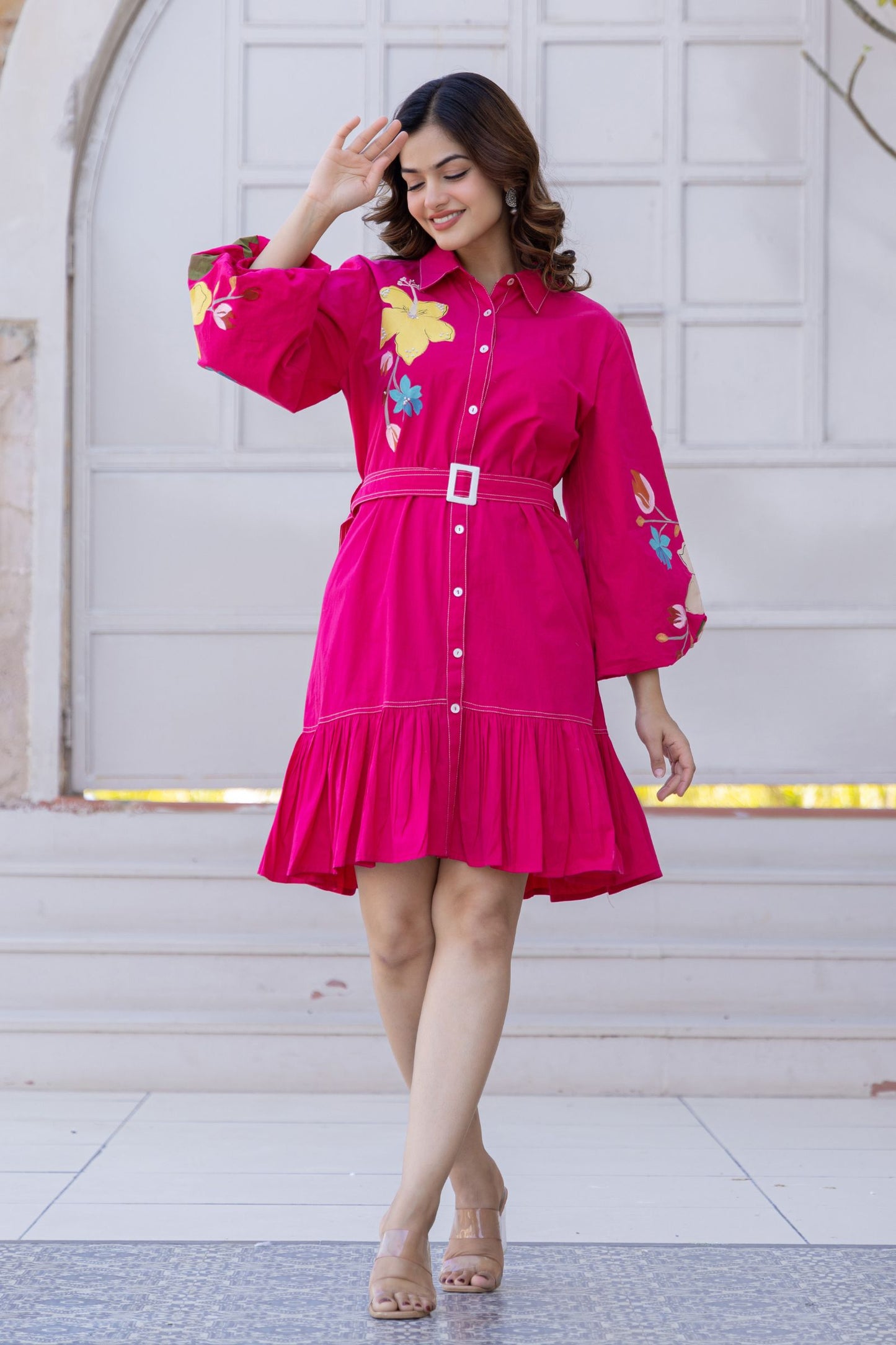 Women’s Pink Floral Cotton Western Midi Dress – Casual & Party Wear Outfit
