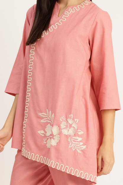 Women's Cotton Pink Embroidered Co-ord Set | Asymmetric Kurta with Straight Pant