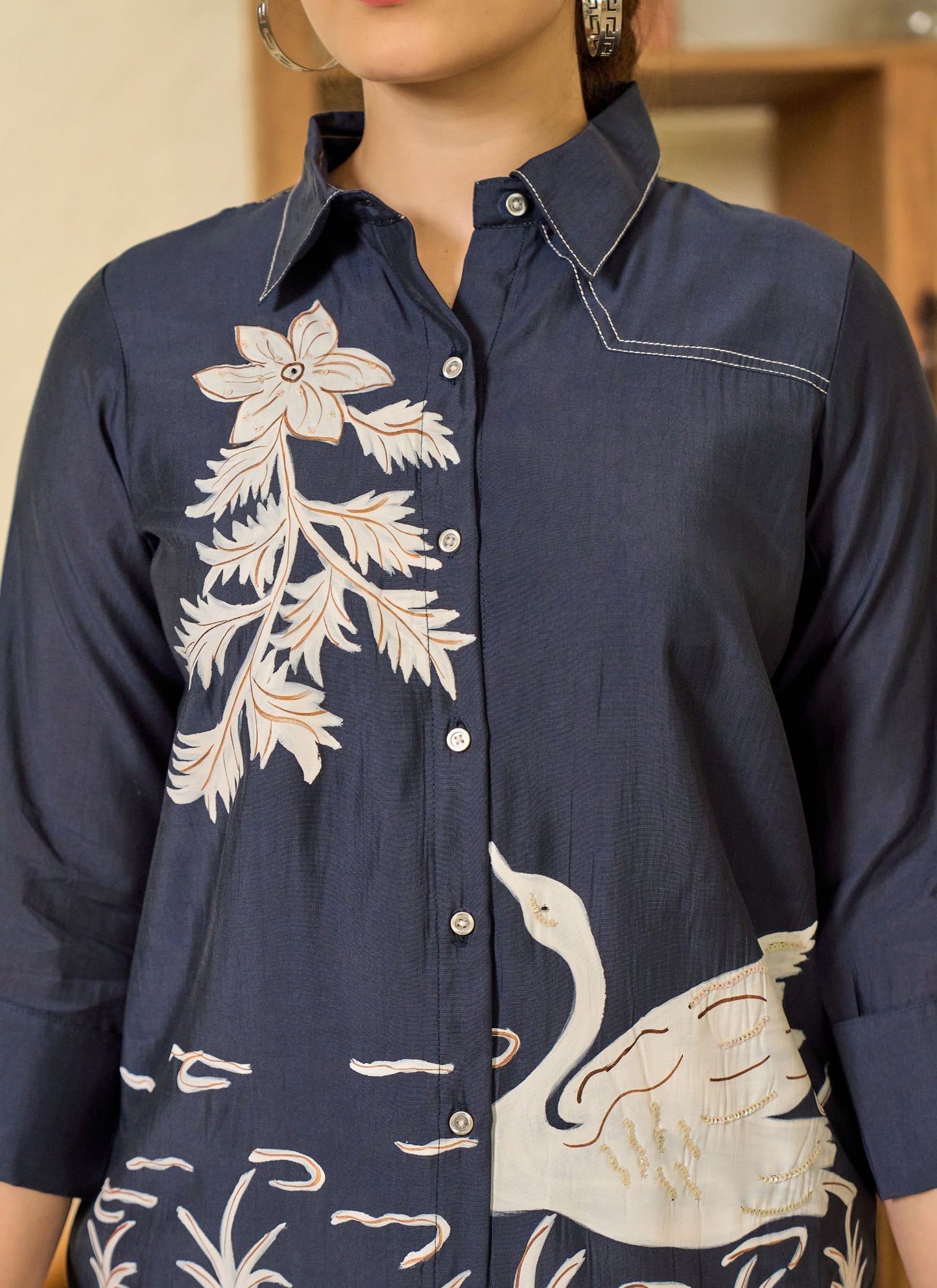 Elegant Floral Embroidered Blue Tunic with Matching Pants