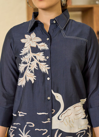 Elegant Floral Embroidered Blue Tunic with Matching Pants