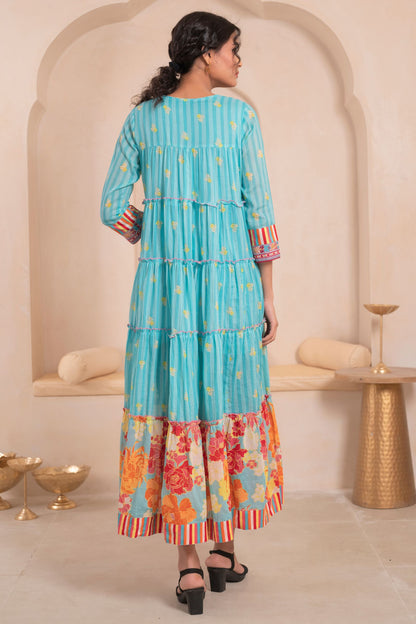 Women’s Cotton Blue Floral Embroidered Fit and Flare Dress – Elegant Casual and Party Wear Outfit