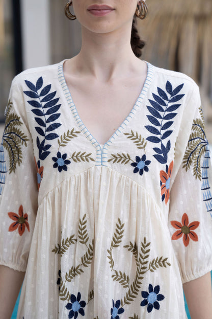 Women's White Boho Embroidered Short Dress | V-Neck Flared Tunic