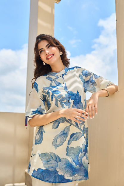 White & Blue Floral Printed Kurta Set with Straight Pants | Elegant Summer Wear