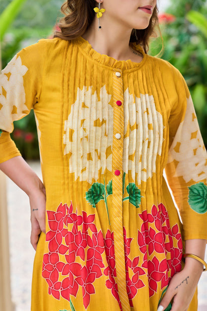 Mustard Yellow Floral Embroidered Kurta Set with Straight Pants | Festive & Casual Wear