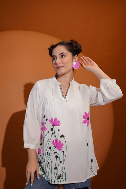 🌸 Elegant White Floral Top for Girls & Women | Hand Painted & Hand Work 🎨✨