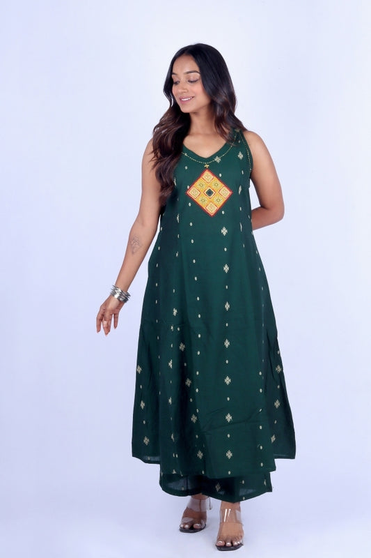 💚 Dark Green Sleeveless Flared Kurti with Palazzo | Embroidered Front Patch Work 👗✨
