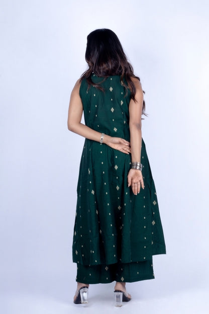 💚 Dark Green Sleeveless Flared Kurti with Palazzo | Embroidered Front Patch Work 👗✨