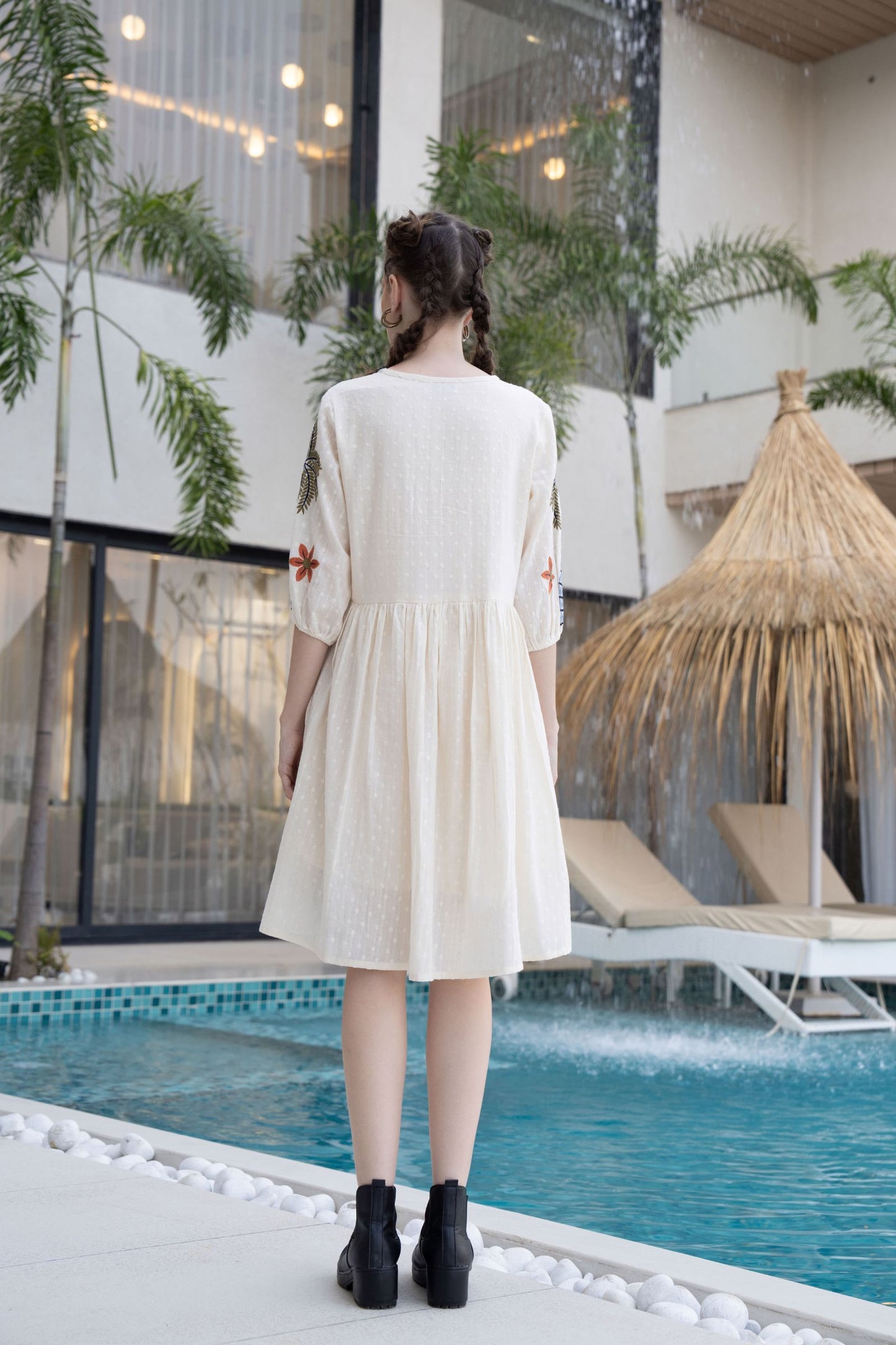 Women's White Boho Embroidered Short Dress | V-Neck Flared Tunic