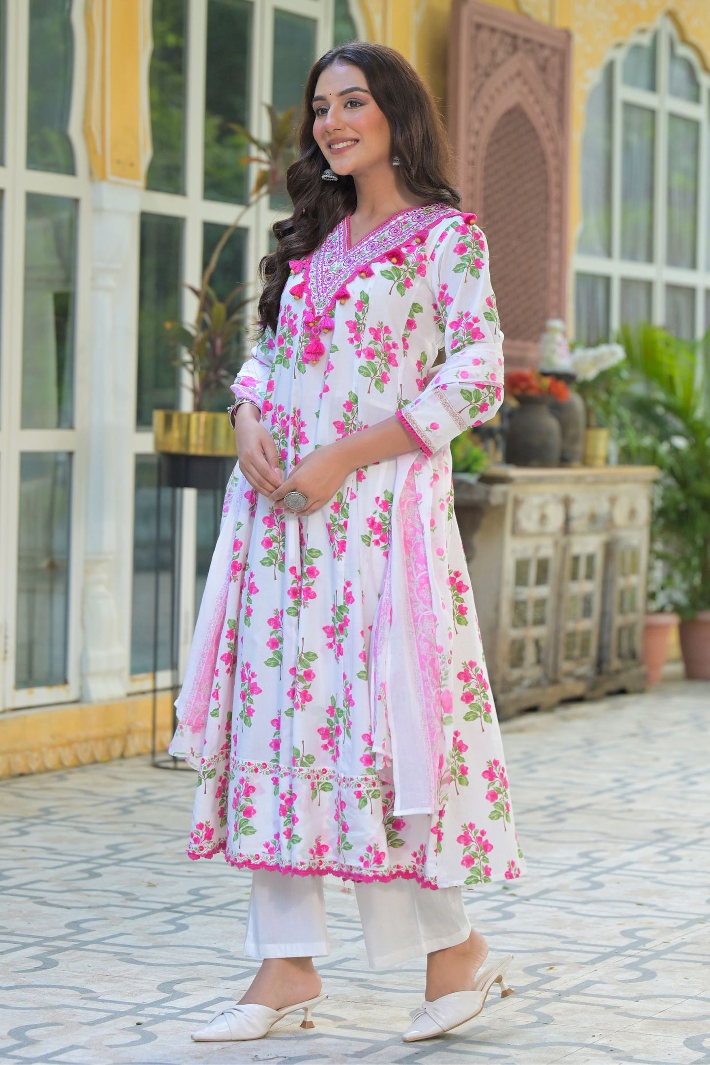 Women’s Ethnic Wear White Floral Pure Cotton Anarkali Kurta Pant Set with Dupatta