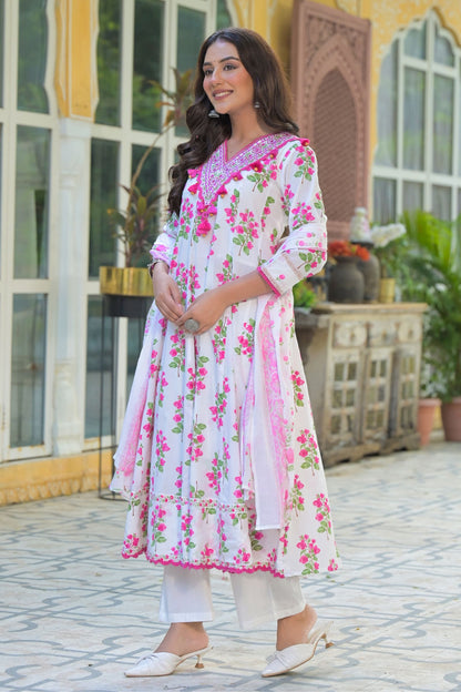 Women’s Ethnic Wear White Floral Pure Cotton Anarkali Kurta Pant Set with Dupatta
