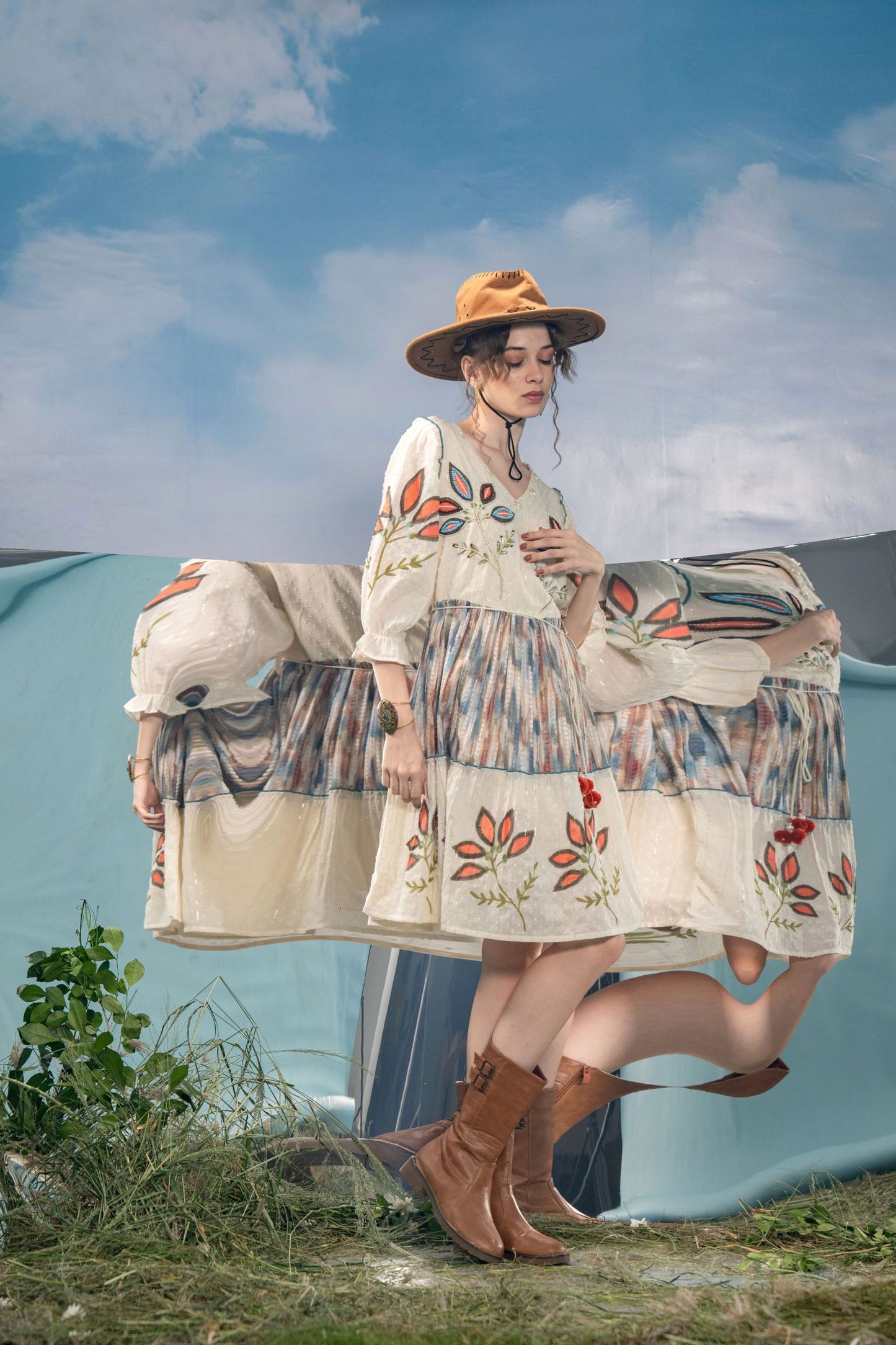 Women's Bohemian Cream Embroidered Flared Dress | V-Neck A-Line Tunic