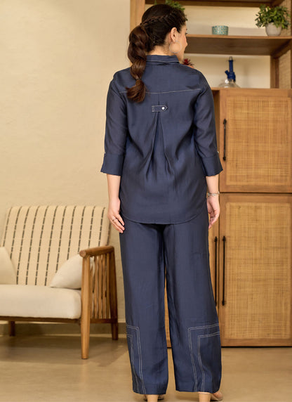 Elegant Floral Embroidered Blue Tunic with Matching Pants