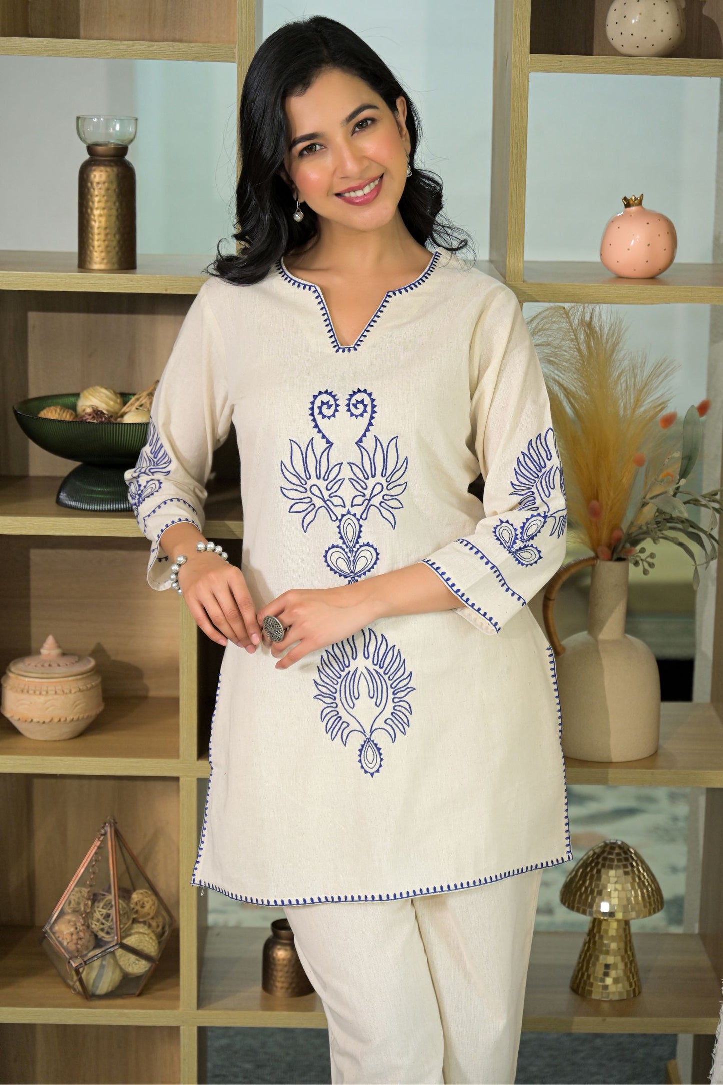 Women’s Cream Pure Cotton Embroidered Co-ord Set – Stylish Ethnic and Casual Wear Outfit