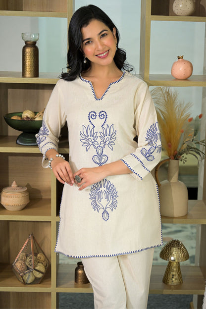 Women’s Cream Pure Cotton Embroidered Co-ord Set – Stylish Ethnic and Casual Wear Outfit