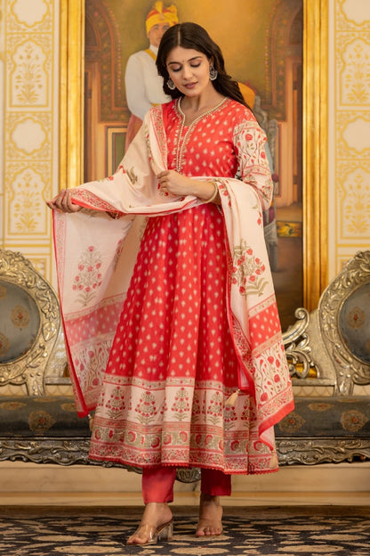 🌸 Pure Cotton Red Anarkali Suit Set with Dupatta – Grace Meets Comfort 🌸