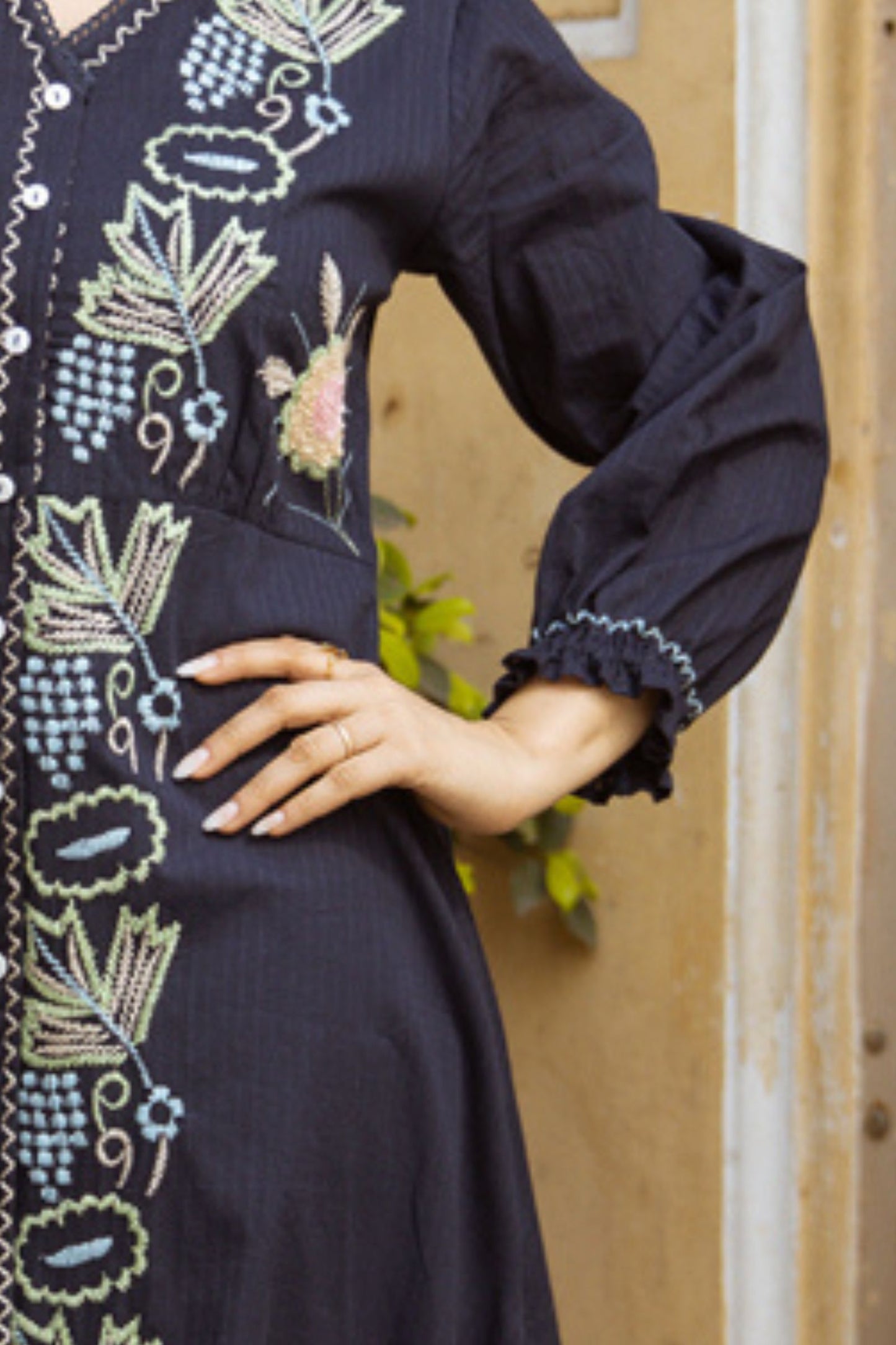 Navy Bloom Embroidered A-Line Dress Pure Cotton 🌿🌸