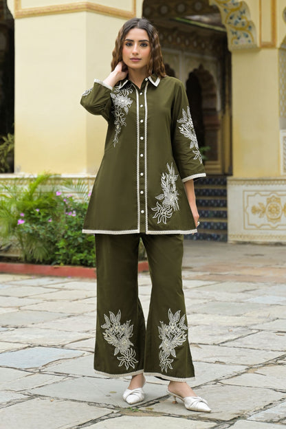 Women’s Cotton Green Floral Embroidered Co-ord Set – Stylish and Comfortable Outfit for Casual and Ethnic Wear