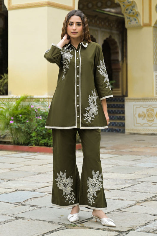 Women’s Cotton Green Floral Embroidered Co-ord Set – Stylish and Comfortable Outfit for Casual and Ethnic Wear