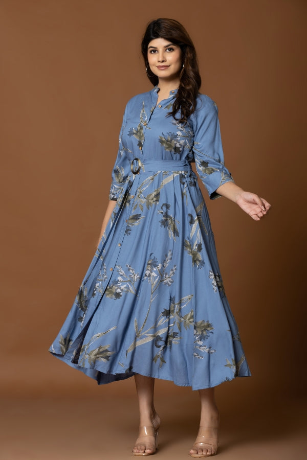 Navy Blue Floral Fit & Flare Midi Dress with Belt