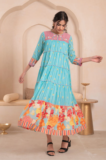 Women’s Cotton Blue Floral Embroidered Fit and Flare Dress – Elegant Casual and Party Wear Outfit