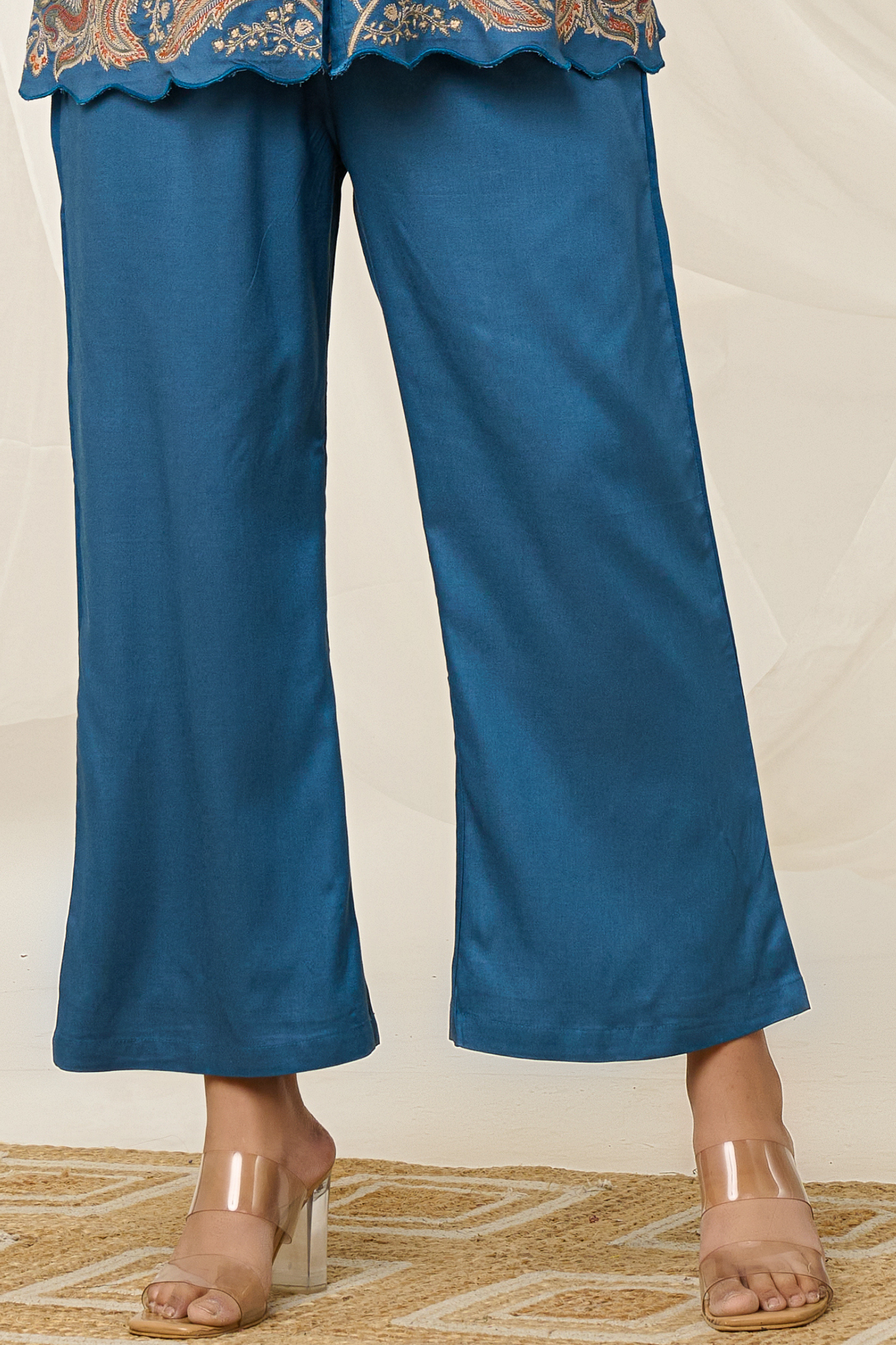 Women's Blue Printed Co-ord Set | Collared Shirt with Wide-Leg Pants