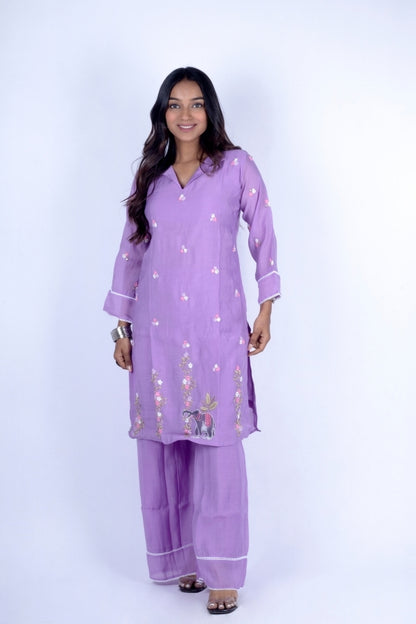 💜 Elegant Purple Embroidered Kurti & Palazzo Set with Elephant Motif 🐘🌸