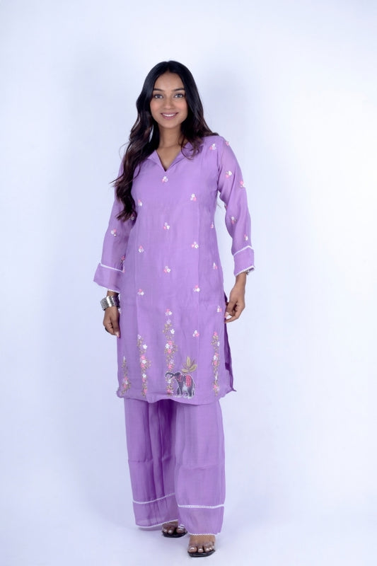 💜 Elegant Purple Embroidered Kurti & Palazzo Set with Elephant Motif 🐘🌸