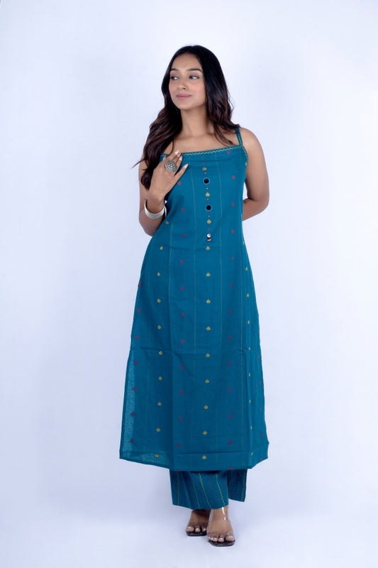 💎 Dark Rama Sleeveless Kurti & Pant Set with Embroidery & Mirror Work ✨🪞