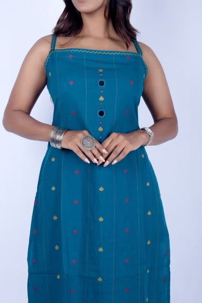 💎 Dark Rama Sleeveless Kurti & Pant Set with Embroidery & Mirror Work ✨🪞