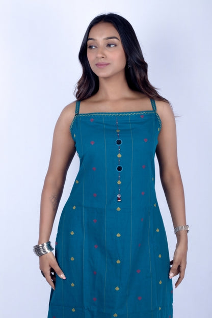💎 Dark Rama Sleeveless Kurti & Pant Set with Embroidery & Mirror Work ✨🪞