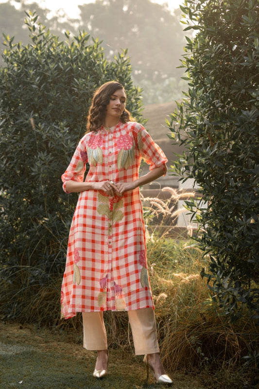 Red Checkered Floral Print A-Line Kurti with Beige Pants Set