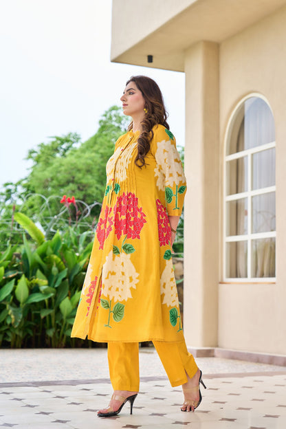 Mustard Yellow Floral Embroidered Kurta Set with Straight Pants | Festive & Casual Wear