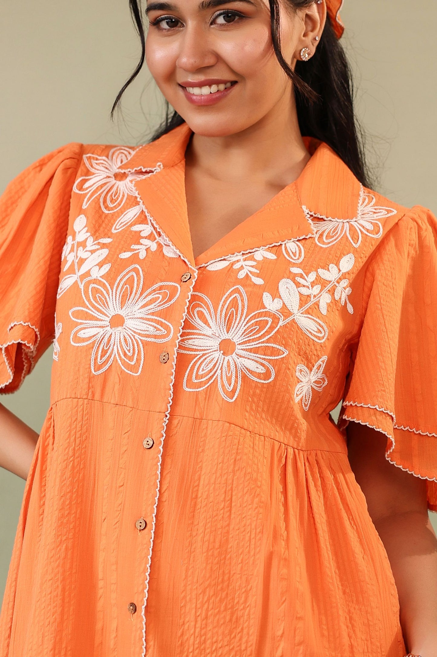 Floral Embroidered Orange Midi Dress