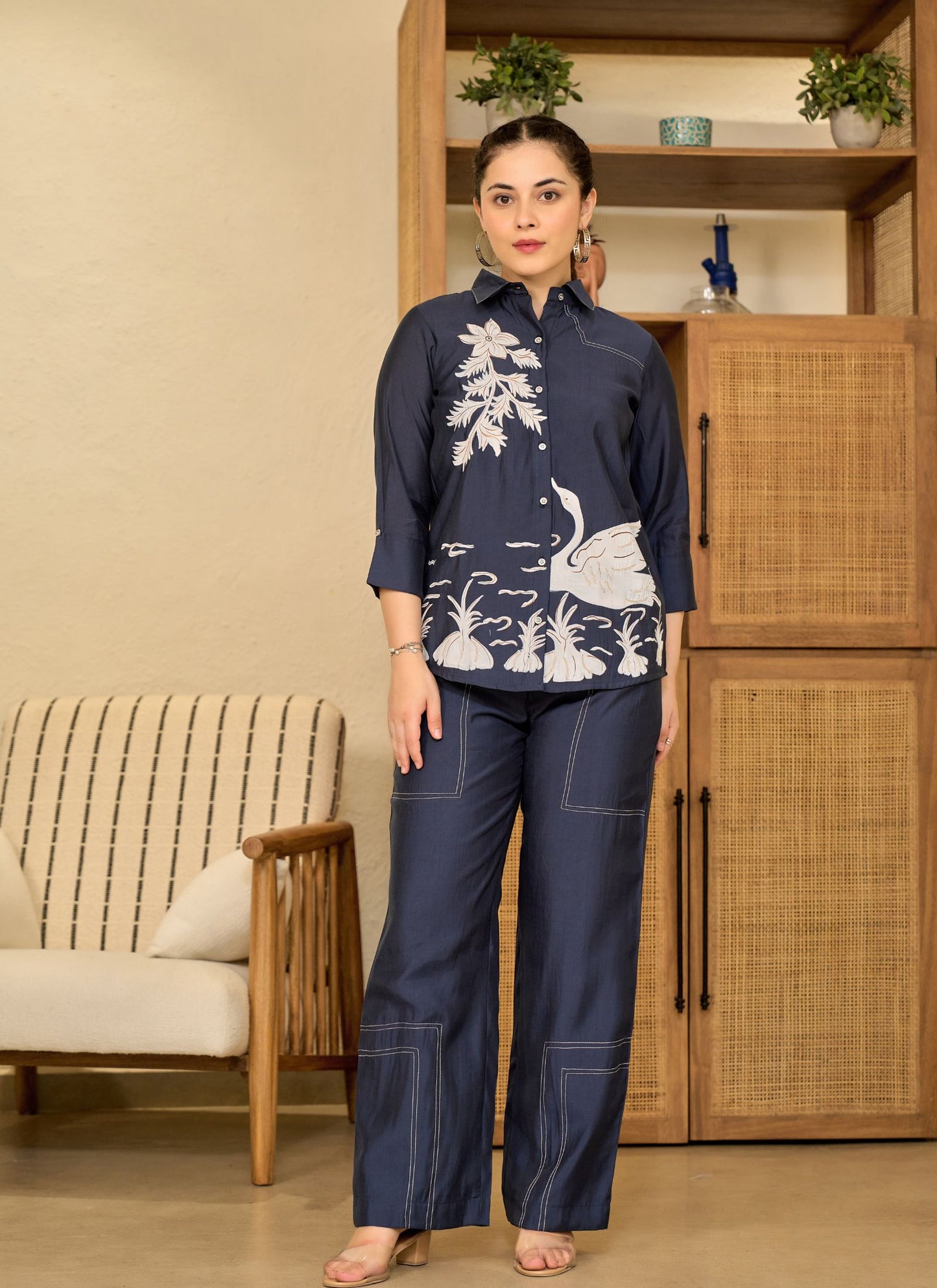 Elegant Floral Embroidered Blue Tunic with Matching Pants