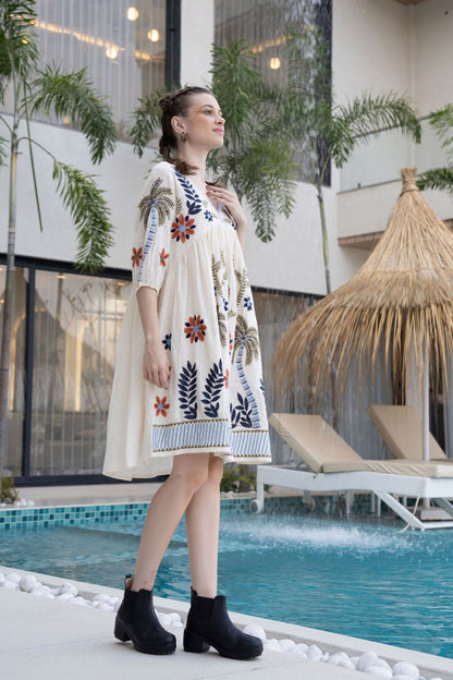 Women's White Boho Embroidered Short Dress | V-Neck Flared Tunic