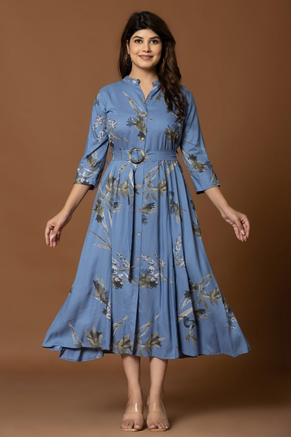 Navy Blue Floral Fit & Flare Midi Dress with Belt