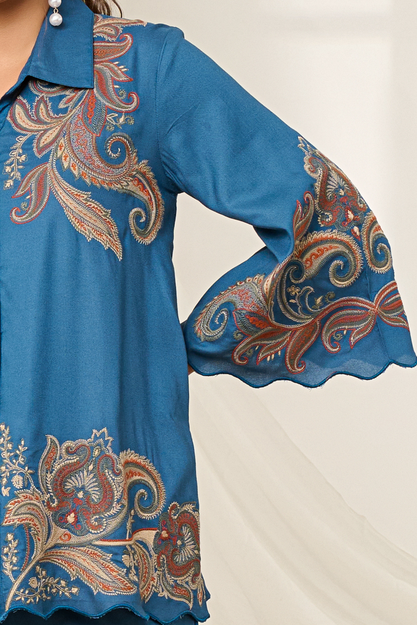 Women's Blue Printed Co-ord Set | Collared Shirt with Wide-Leg Pants