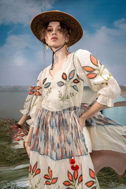 Women's Bohemian Cream Embroidered Flared Dress | V-Neck A-Line Tunic