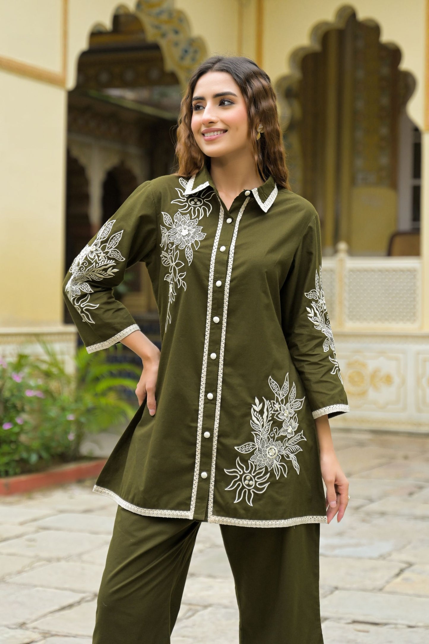 Women’s Cotton Green Floral Embroidered Co-ord Set – Stylish and Comfortable Outfit for Casual and Ethnic Wear
