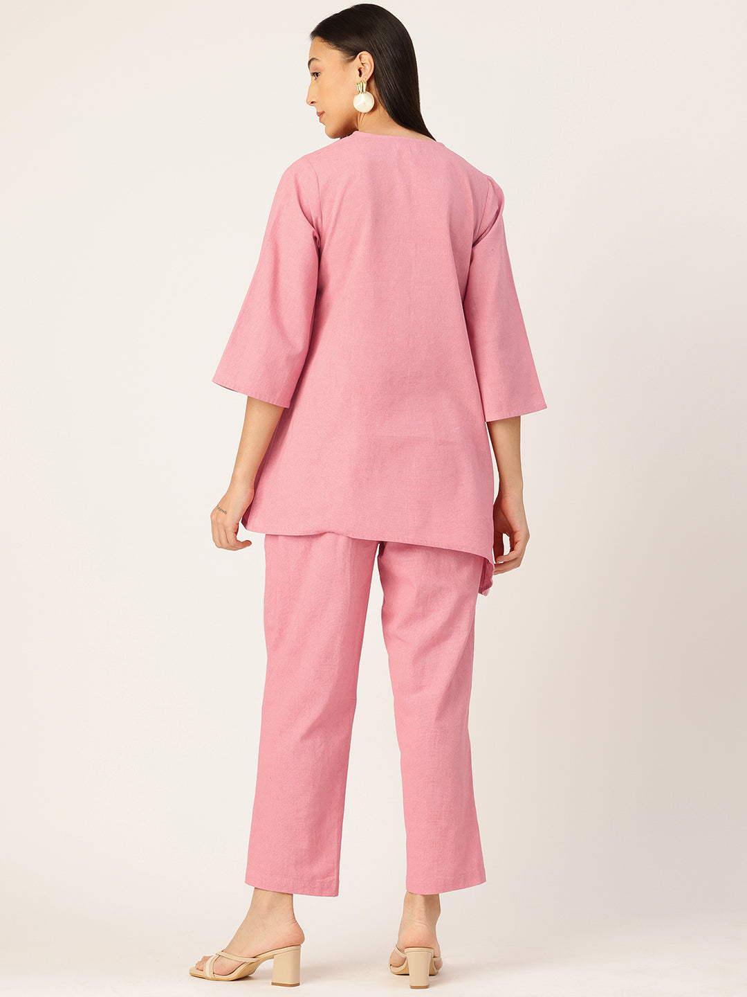 Women's Cotton Pink Embroidered Co-ord Set | Asymmetric Kurta with Straight Pant
