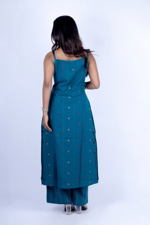 💎 Dark Rama Sleeveless Kurti & Pant Set with Embroidery & Mirror Work ✨🪞