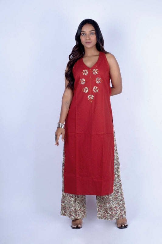 ❤️ Red Sleeveless Kurti with Ethnic Print Palazzo | V-Neck Indo-Western Set ❤️