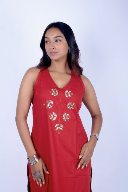 ❤️ Red Sleeveless Kurti with Ethnic Print Palazzo | V-Neck Indo-Western Set ❤️