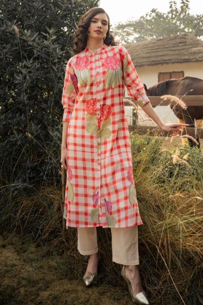 Red Checkered Floral Print A-Line Kurti with Beige Pants Set