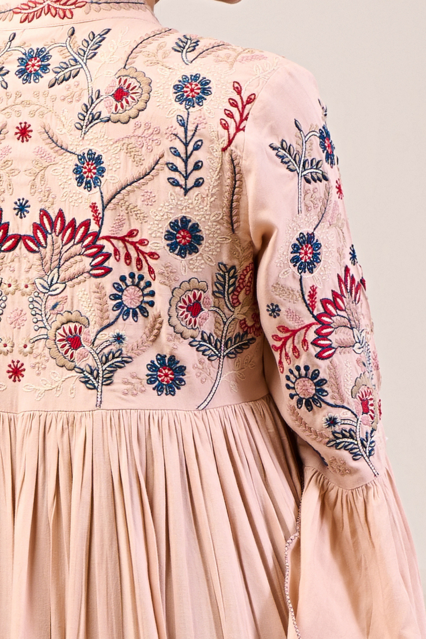Women's Peach Embroidered Flared Dress | Long Kurta with Bell Sleeves