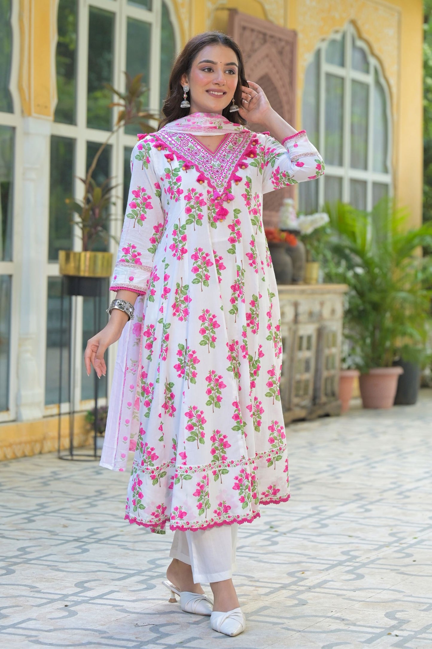 Women’s Ethnic Wear White Floral Pure Cotton Anarkali Kurta Pant Set with Dupatta