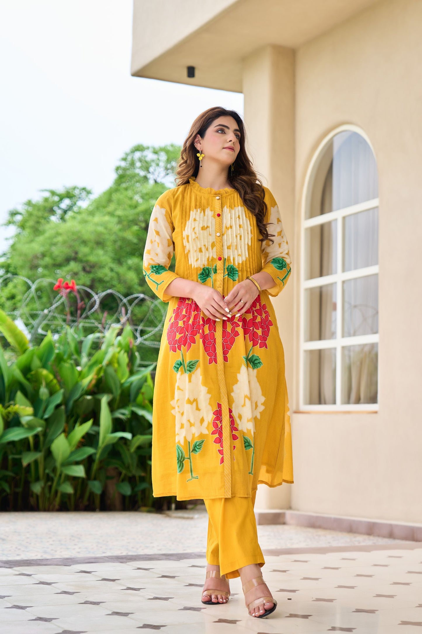 Mustard Yellow Floral Embroidered Kurta Set with Straight Pants | Festive & Casual Wear