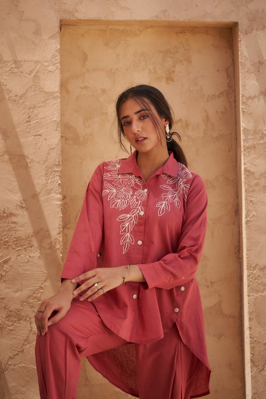 Red Co-Ord Set for Women | White Embroidered Collar & Front | Stylish Ethnic Wear