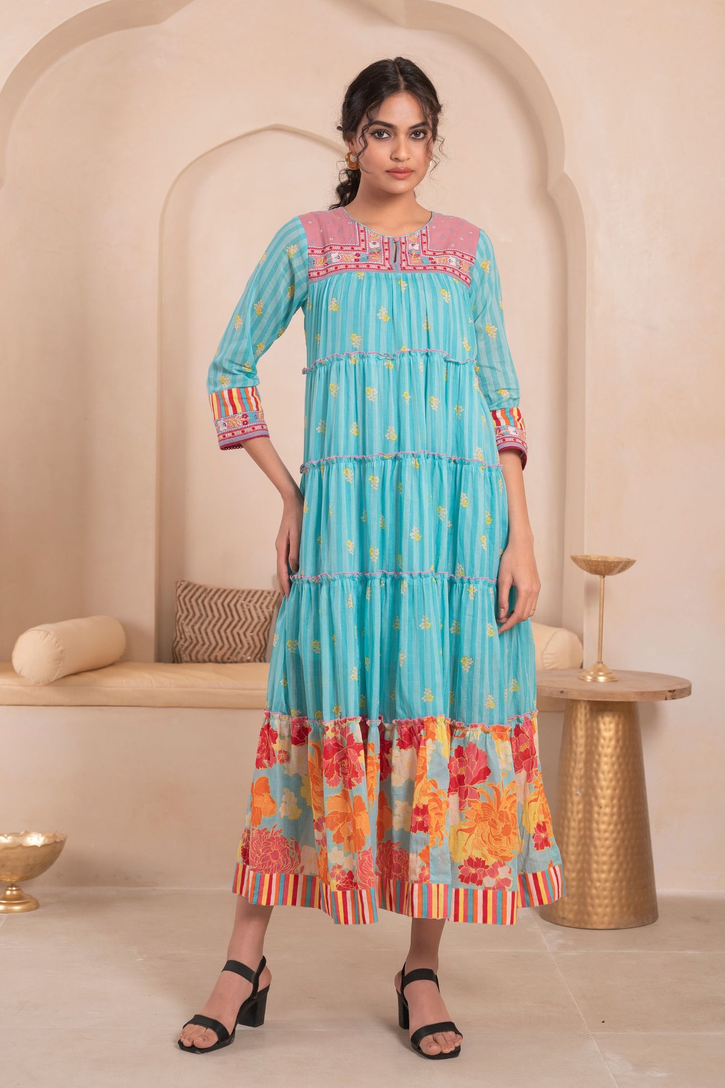 Women’s Cotton Blue Floral Embroidered Fit and Flare Dress – Elegant Casual and Party Wear Outfit